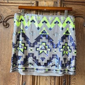 Express Skirt Gray Green Sequins Mini Skirt Bling Aztec Stretch